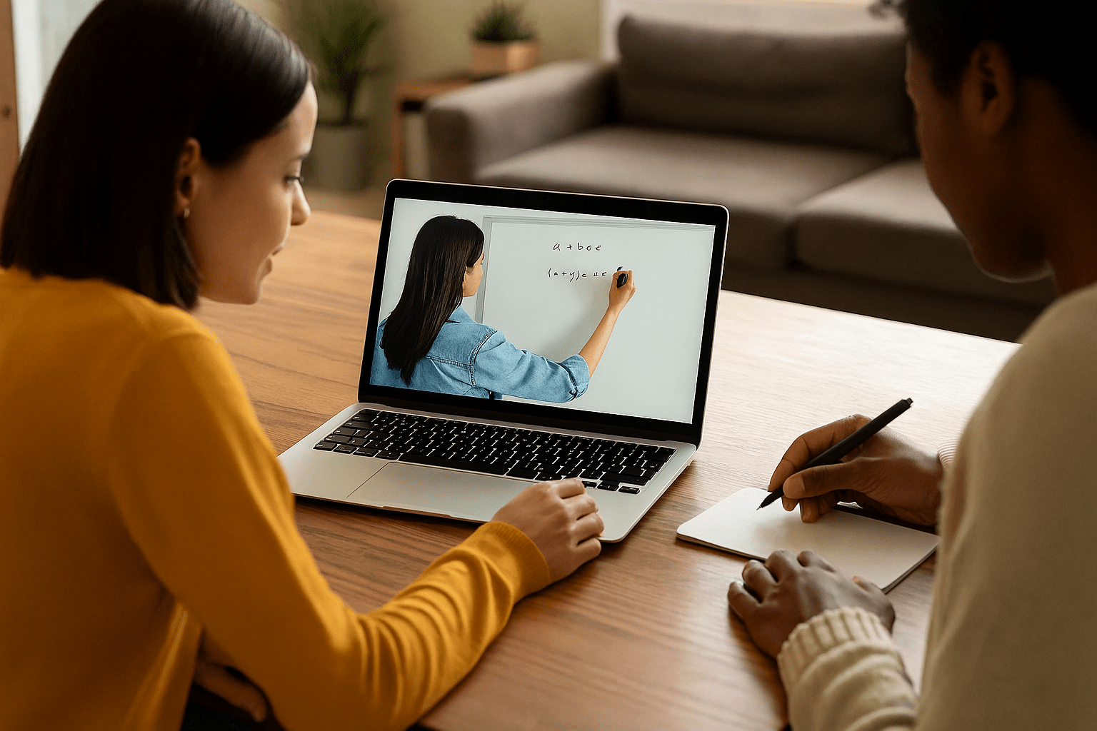 “Duas pessoas assistem a uma aula online de matemática em um laptop, uma delas faz anotações, destacando práticas de educação acessível.